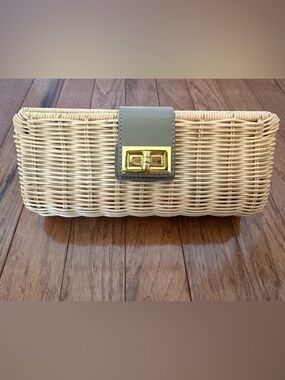 J. Crew Woven Straw Clutch with Taupe Leather Strap and Gold Turn-Lock